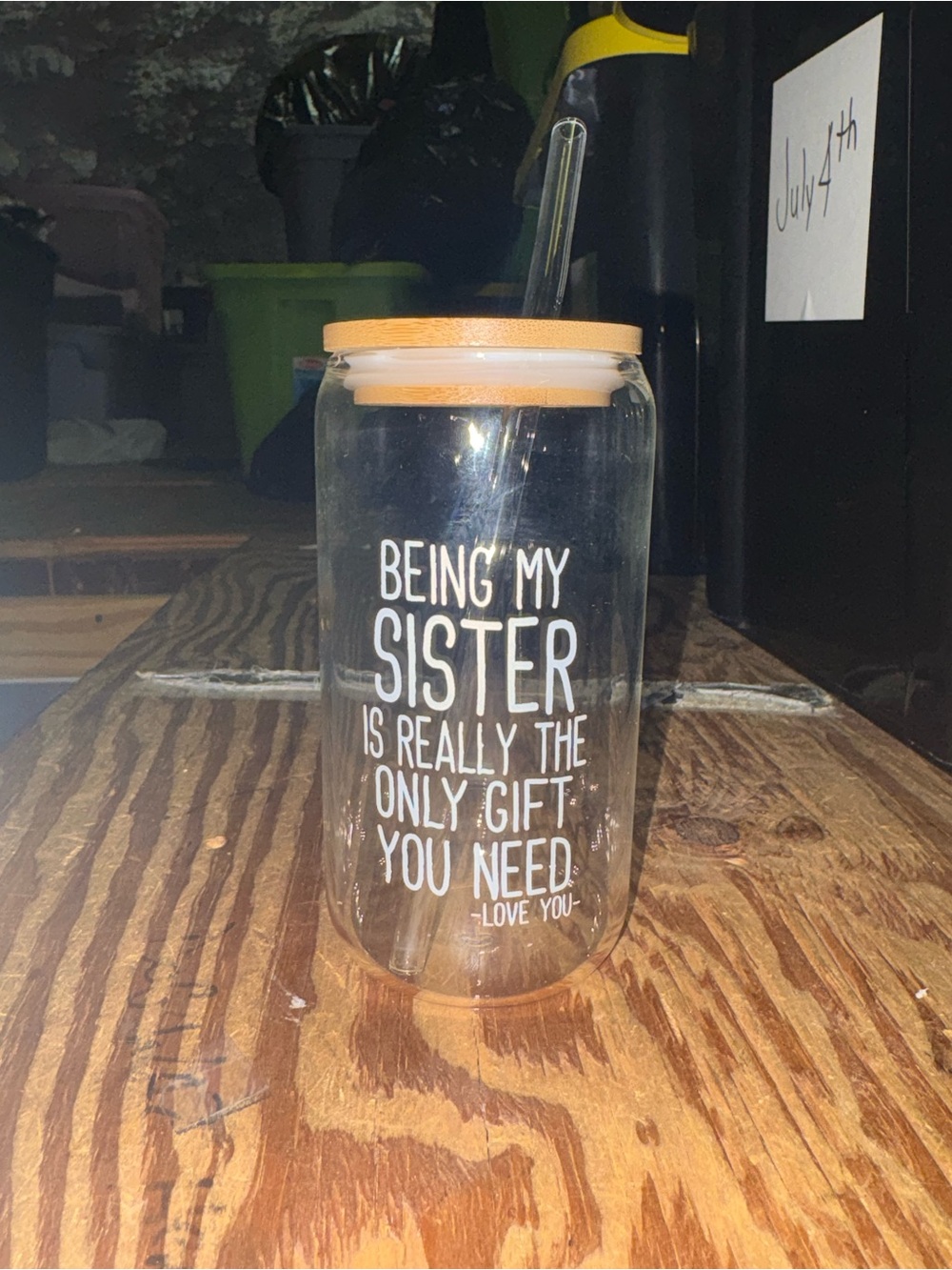 Clear Glass Sister Quote Tumbler with Bamboo Lid and Straw - Clear NEVER USED